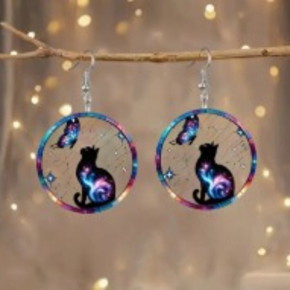 Cat And a Butterfly Acrylic Earrings Stainless Steel Ear Needle 1.18 inch round